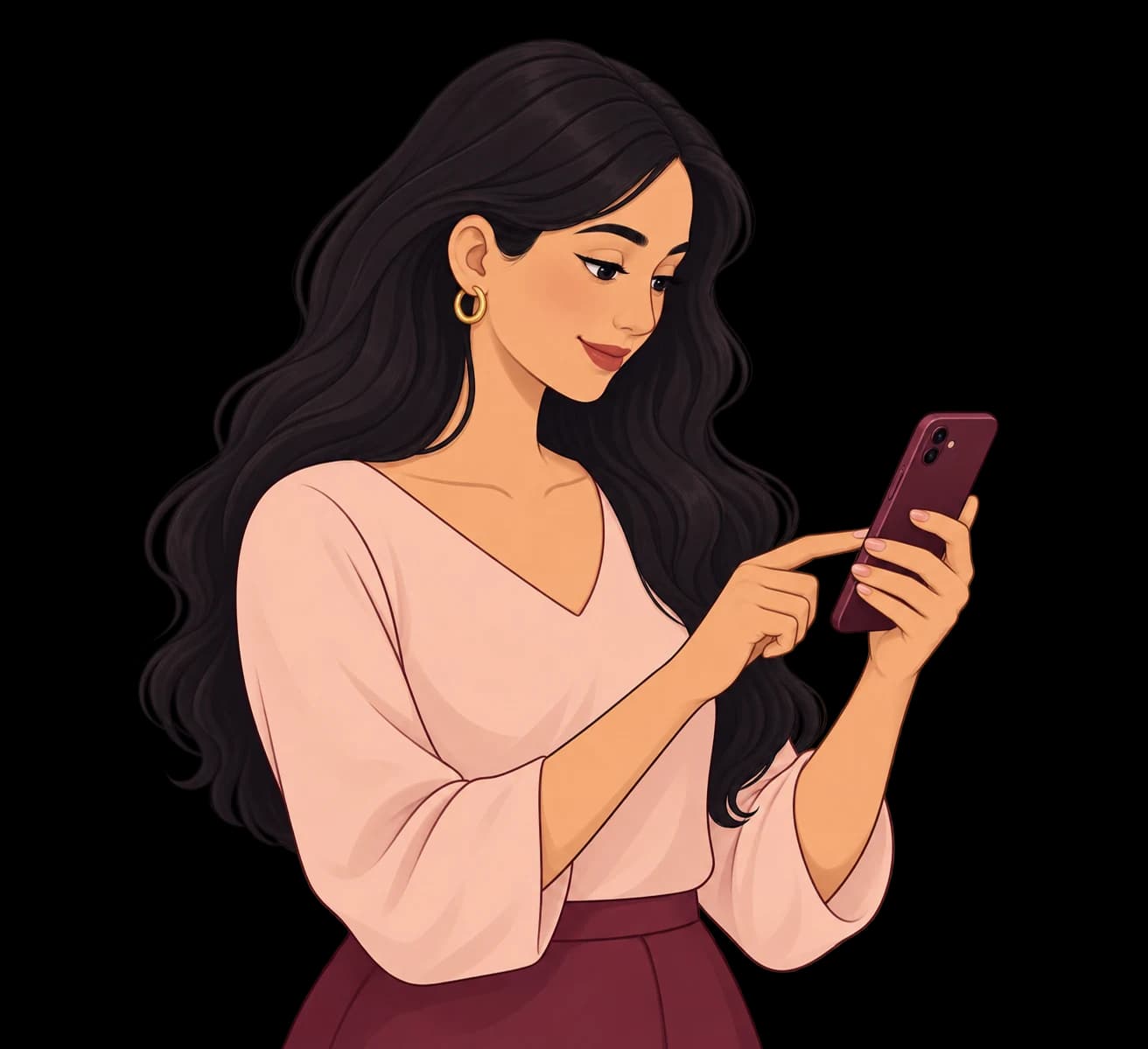 An illustrated patient browsing her clinic’s app on her phone
